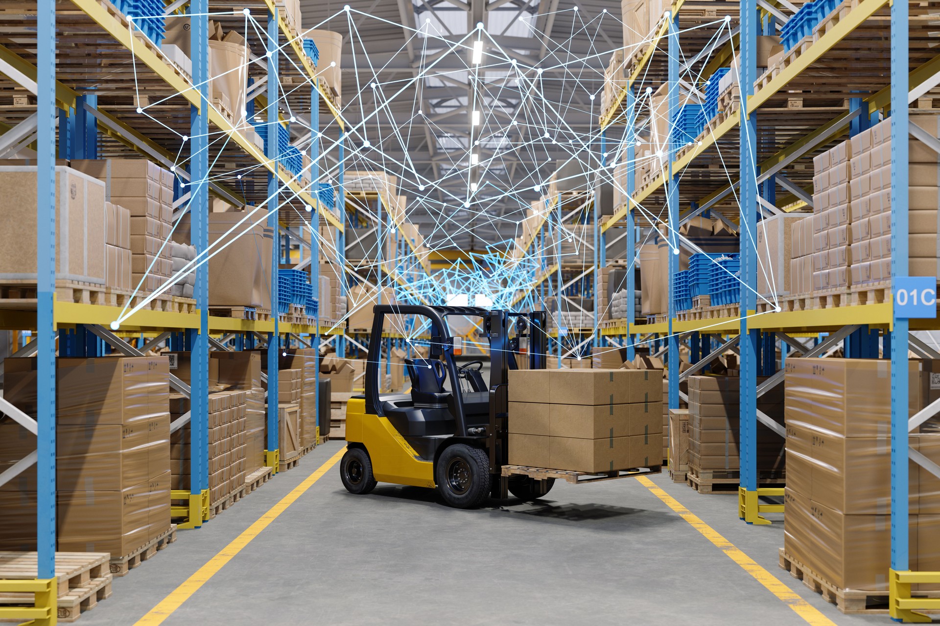 Distribution Warehouse With Forklift, Cardboard Boxes And Plexus.  Remote Control With Mobile App And Technology Devices